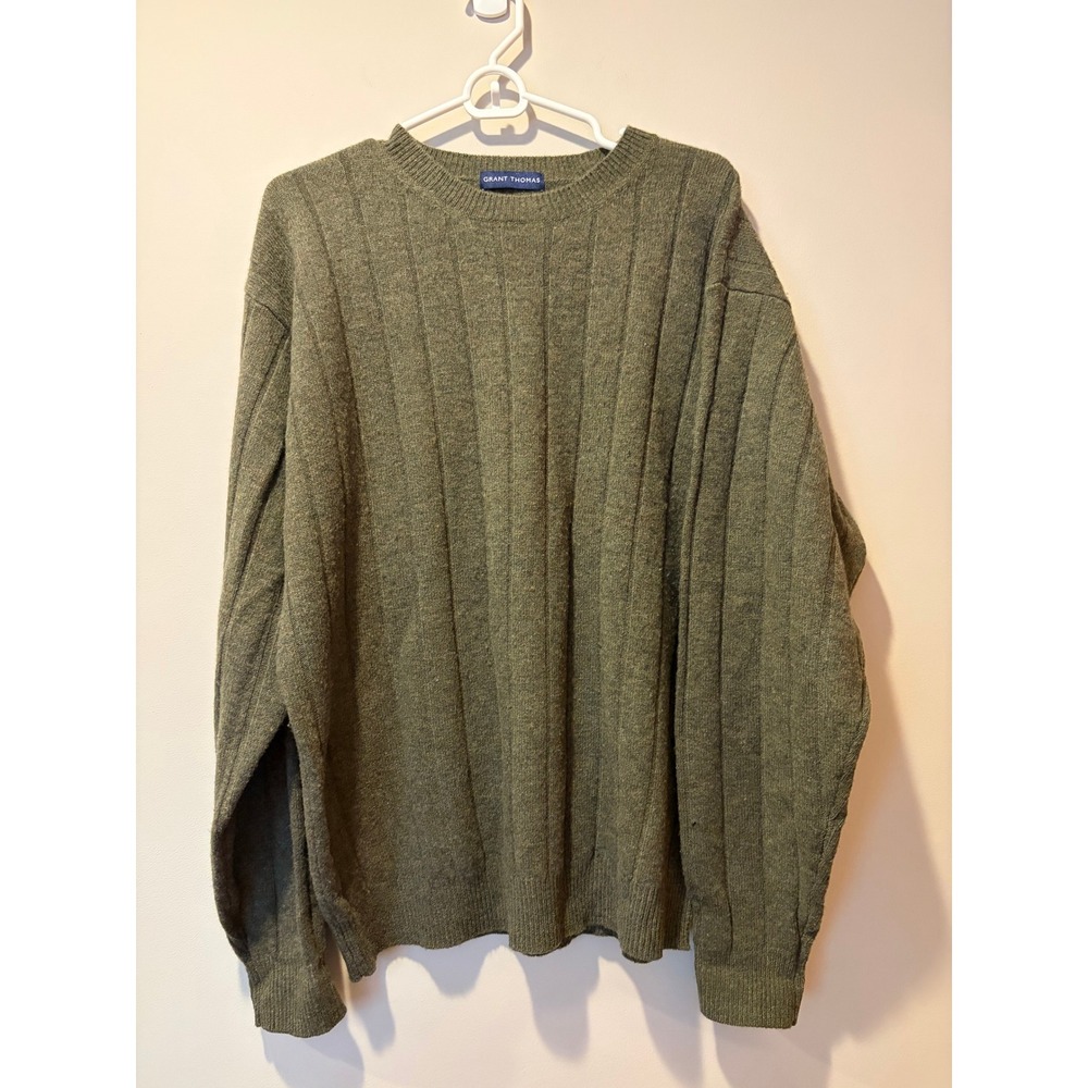 Grant Thomas Mens XL Lambswool 100% Wool Sweater Olive Green Winter Flaw READ